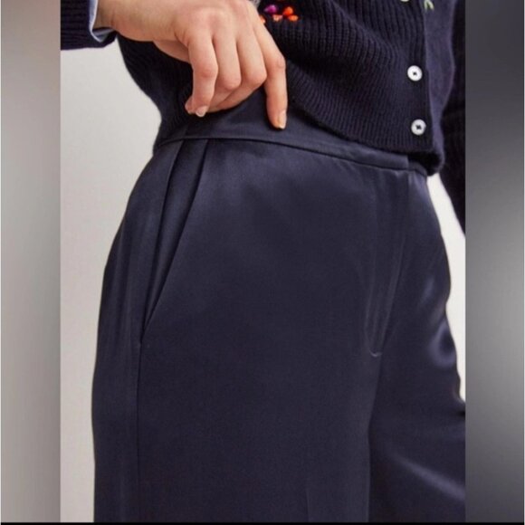 NEW Boden Wide-Leg Satin High-Rise Navy Blue Pockets Trousers Pants Women's 10 - Picture 3 of 15